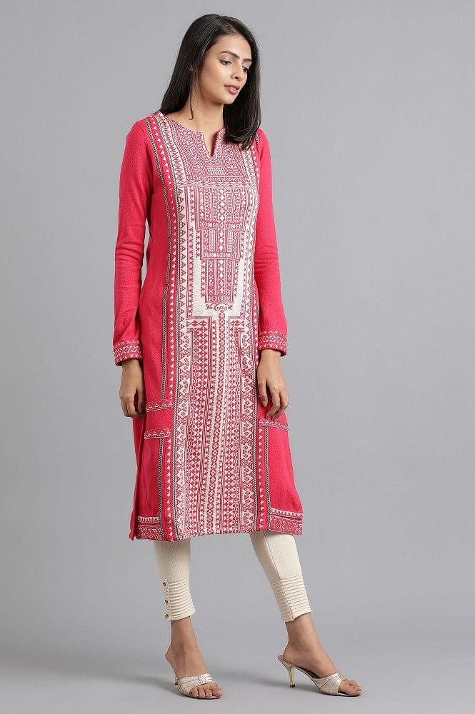 Pink Round Neck Solid Winter kurta - wforwoman