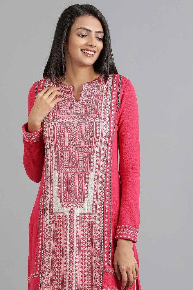 Pink Round Neck Solid Winter kurta - wforwoman