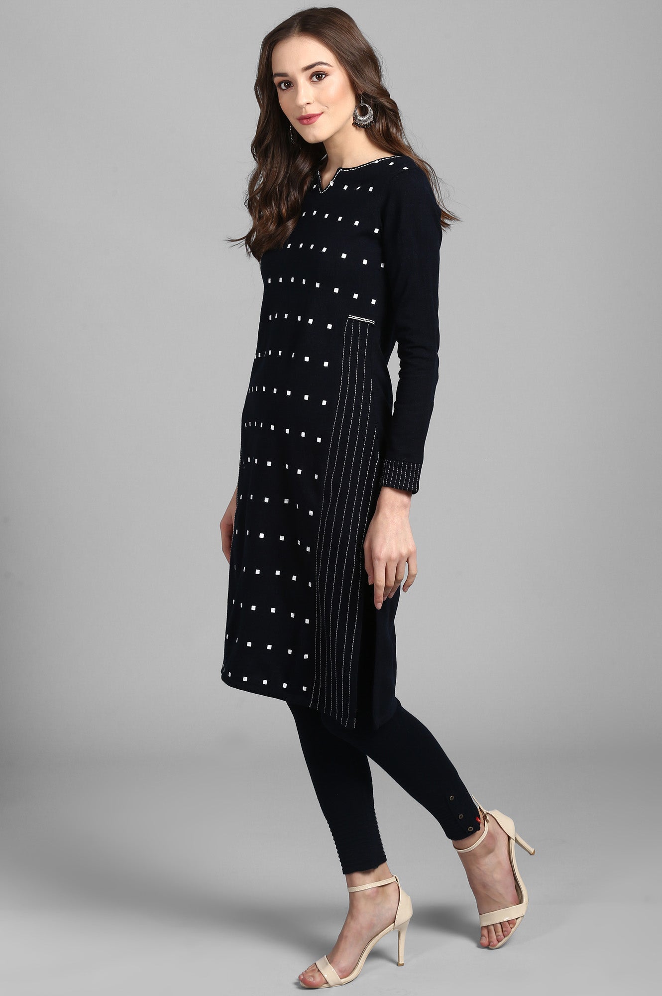 Blue Mandarin Neck Solid Winter kurta