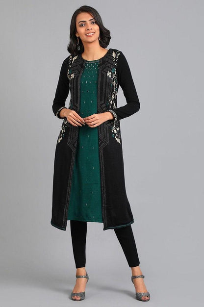 Black Round Neck Yarn-dyed Winter kurta - wforwoman