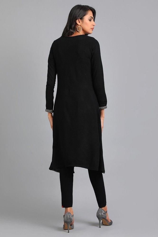 Black Round Neck Yarn-dyed Winter kurta - wforwoman
