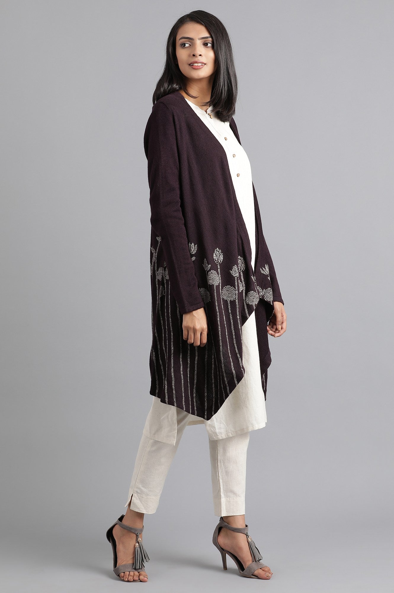 Purple Round Neck Knitted Cardigan