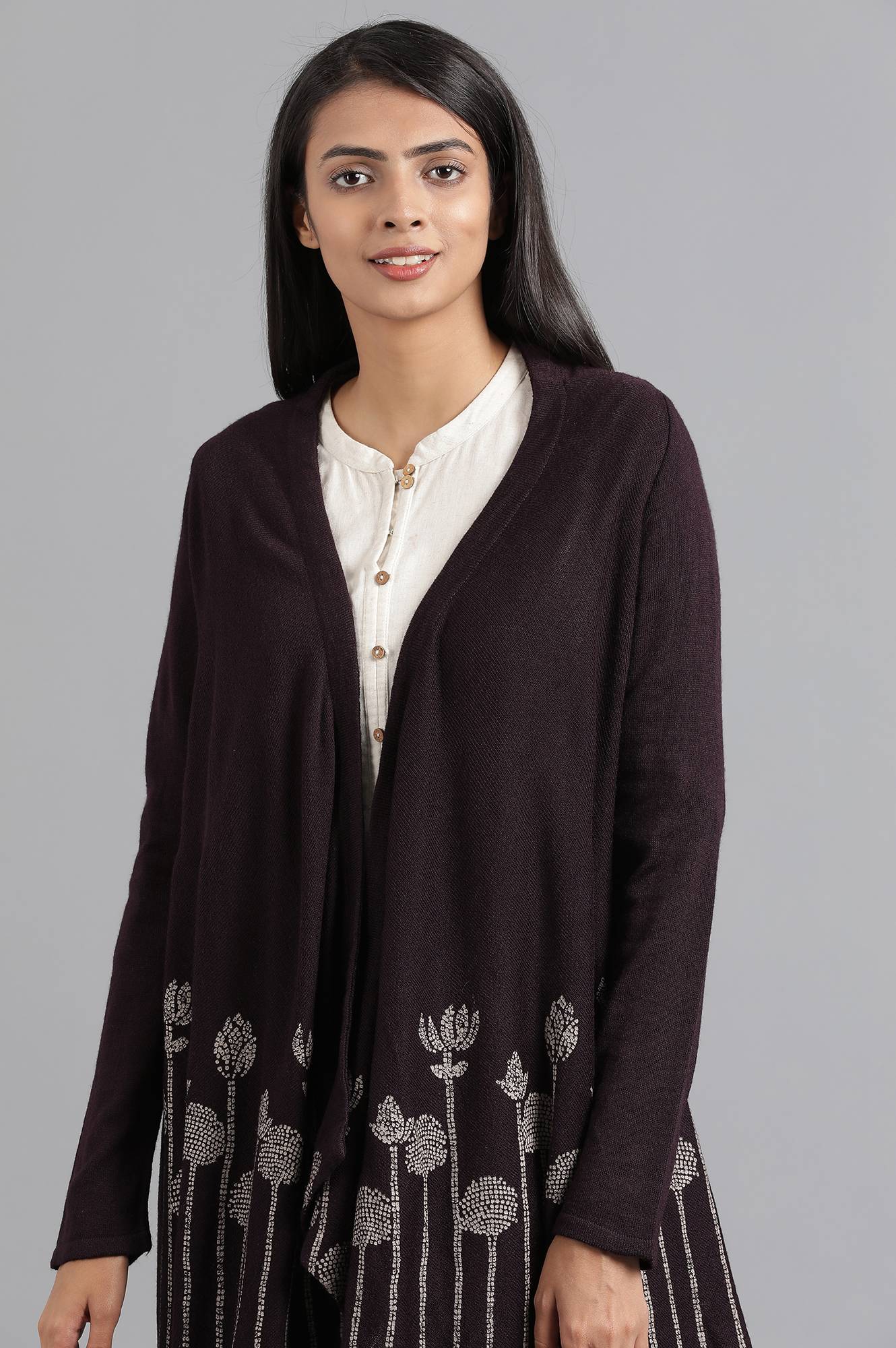 Purple Round Neck Knitted Cardigan