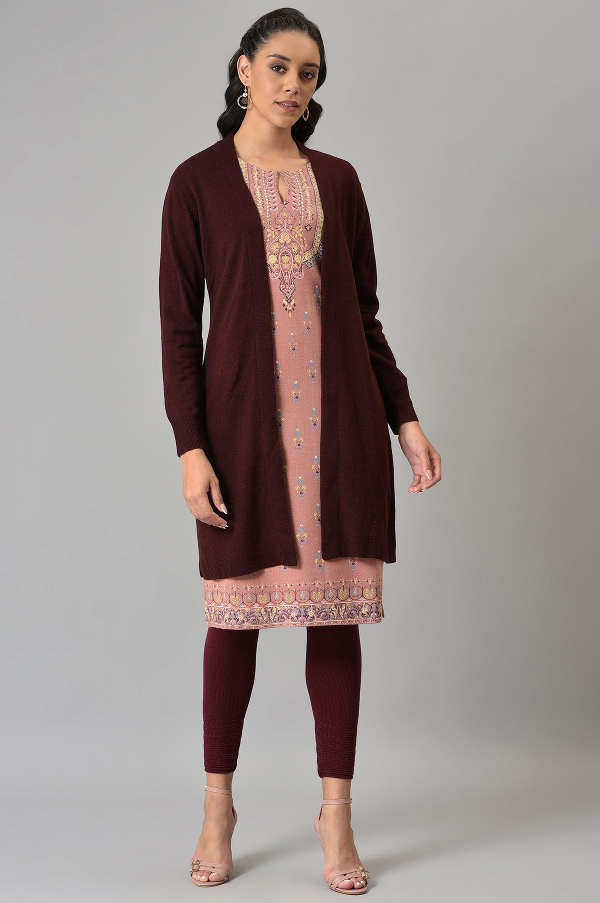 Wine Cardigan With Attached Scarf - S