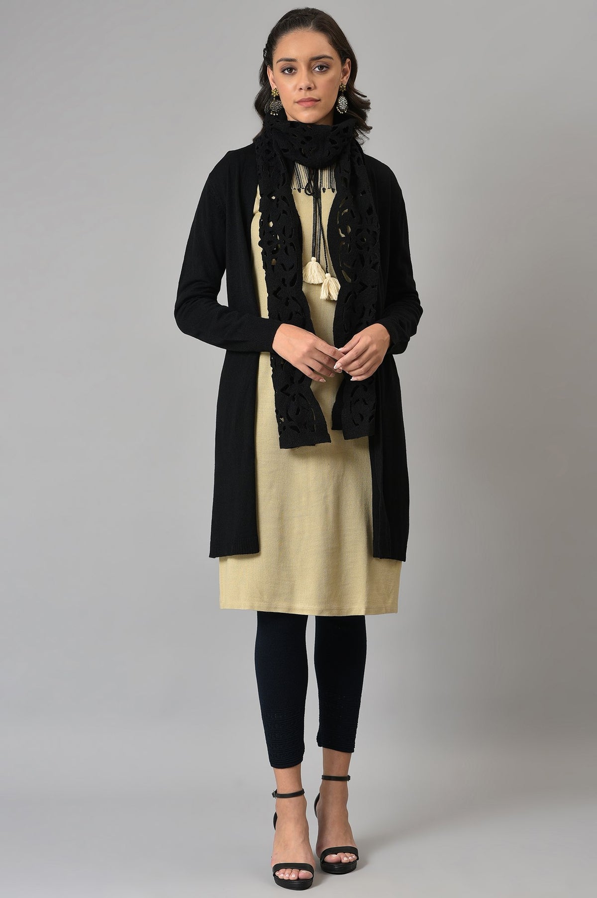 Black Cardigan With Attached Scarf - WG