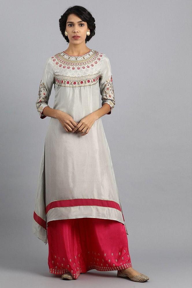 Grey Round Neck Embroidered kurta - XS