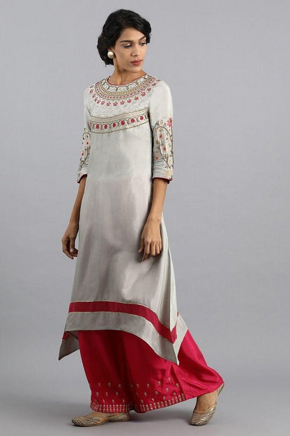 Grey Round Neck Embroidered kurta - wforwoman