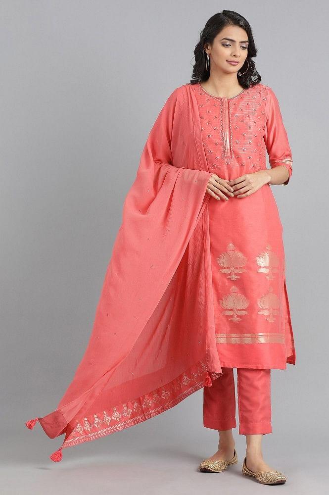 Peach Round Neck Chanderi kurta - wforwoman