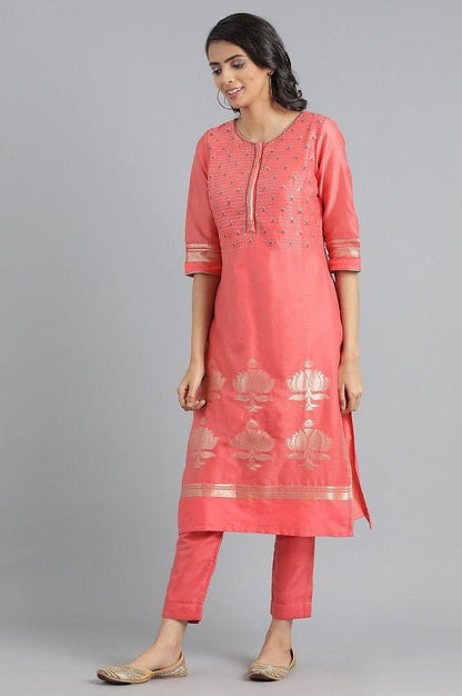 Peach Round Neck Chanderi kurta - wforwoman
