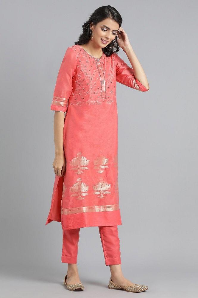 Peach Round Neck Chanderi kurta - wforwoman