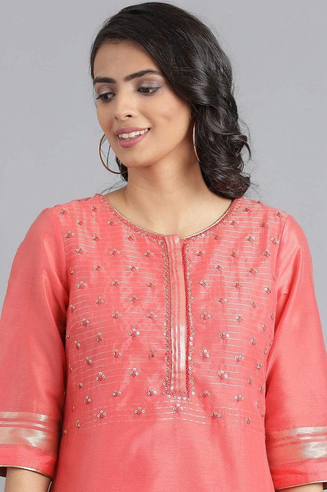 Peach Round Neck Chanderi kurta - wforwoman