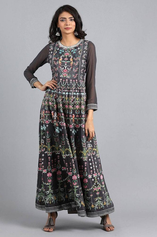 Grey Round Neck Embroidered Dress