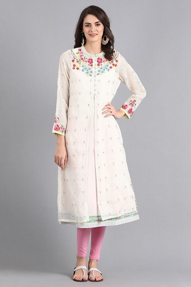 Ecru Mandarin Neck Printed kurta - wforwoman
