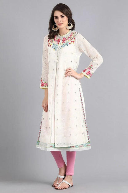 Ecru Mandarin Neck Printed kurta - wforwoman