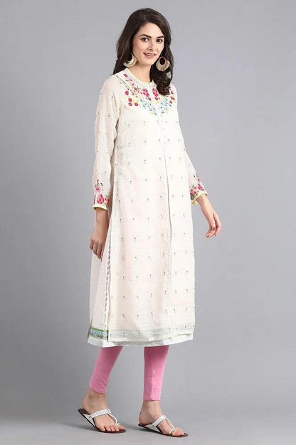 Ecru Mandarin Neck Printed kurta - wforwoman
