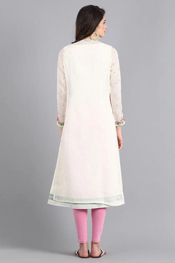 Ecru Mandarin Neck Printed kurta - wforwoman