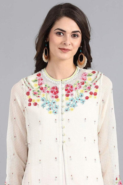 Ecru Mandarin Neck Printed kurta - wforwoman