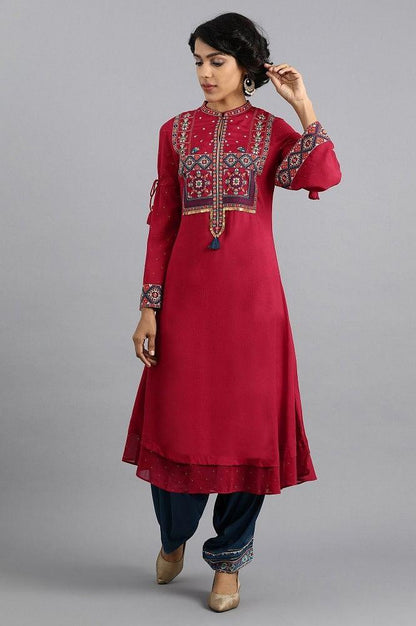 Red Mandarin Neck Embroidered kurta - wforwoman