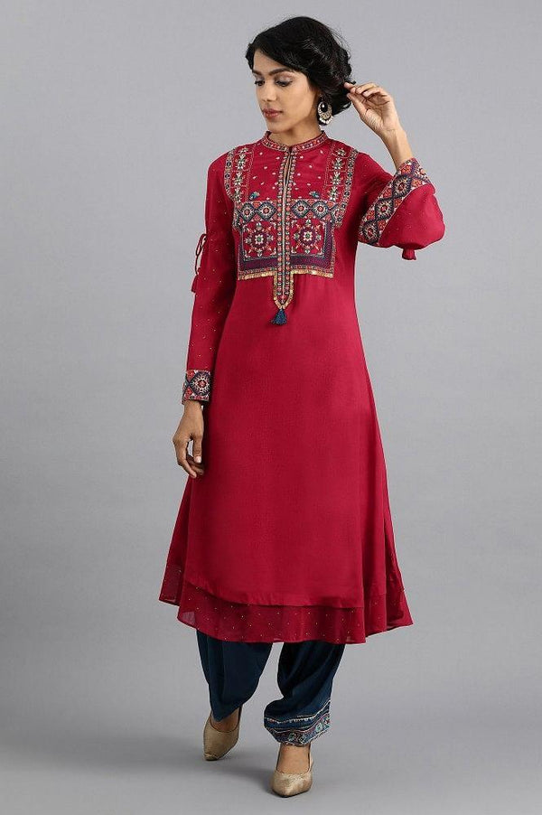 Red Mandarin Neck Embroidered kurta
