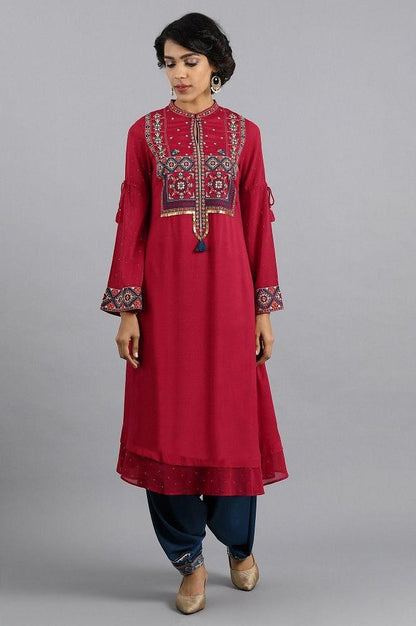 Red Mandarin Neck Embroidered kurta - wforwoman