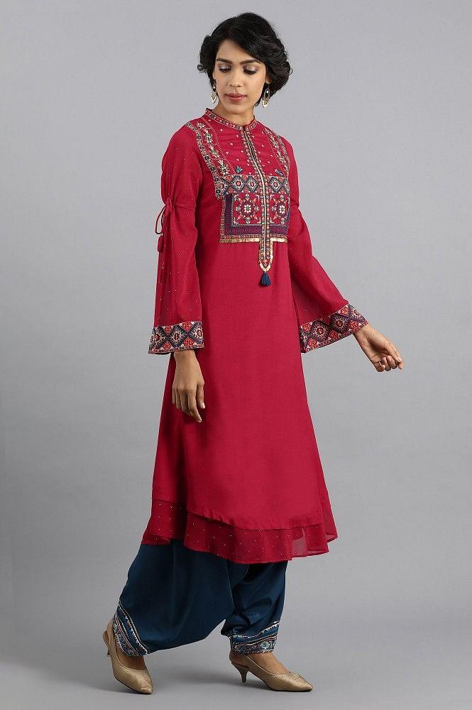 Red Mandarin Neck Embroidered kurta - wforwoman