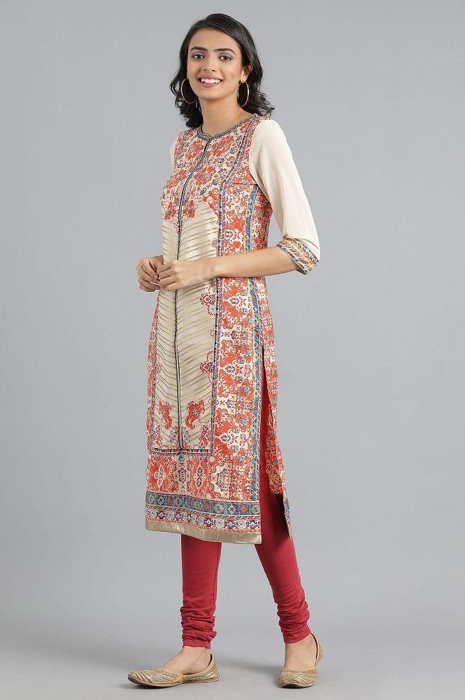 Ecru Round Neck Printed kurta - wforwoman