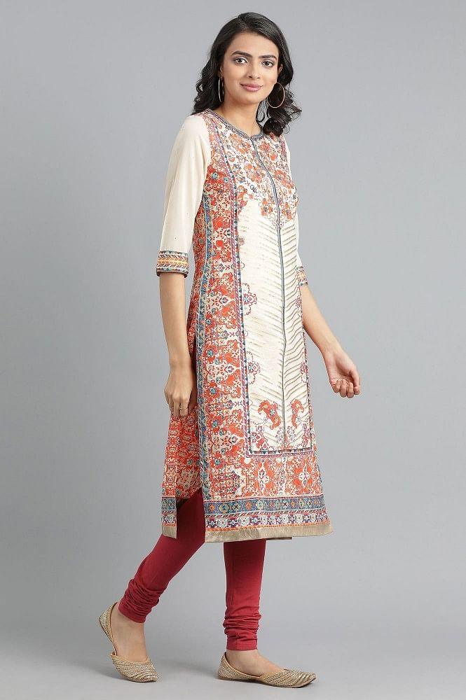 Ecru Round Neck Printed kurta - wforwoman