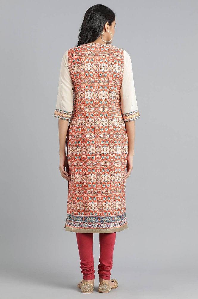 Ecru Round Neck Printed kurta - wforwoman