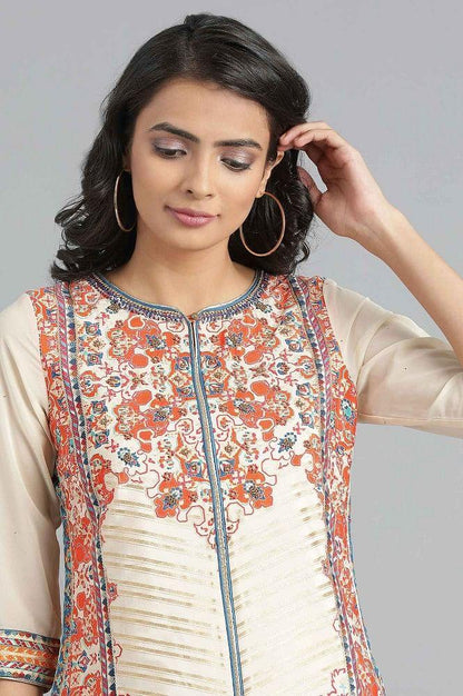 Ecru Round Neck Printed kurta - wforwoman