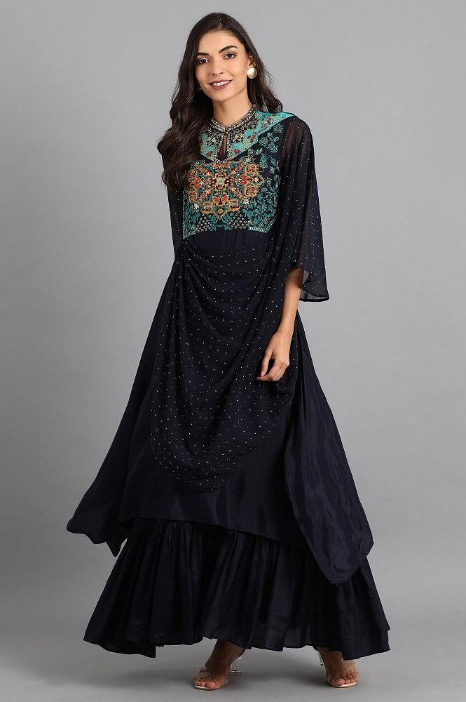 Blue Mandarin Neck Embroidered Dress - wforwoman