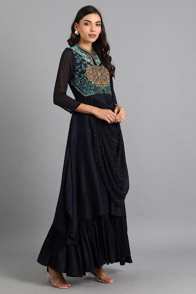 Blue Mandarin Neck Embroidered Dress - wforwoman