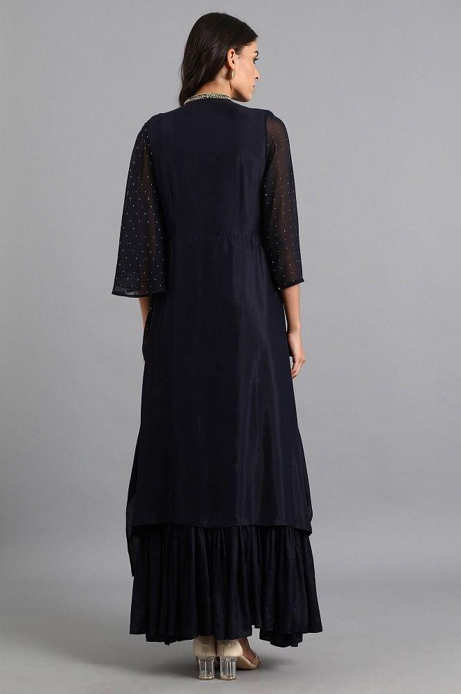 Blue Mandarin Neck Embroidered Dress - wforwoman