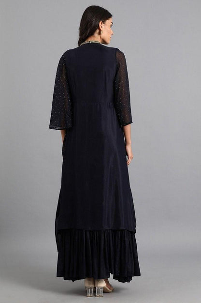 Blue Mandarin Neck Embroidered Dress - wforwoman