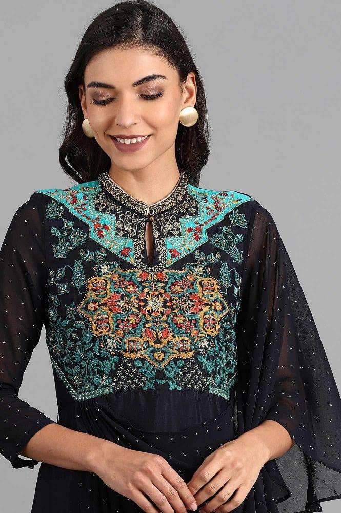 Blue Mandarin Neck Embroidered Dress - wforwoman