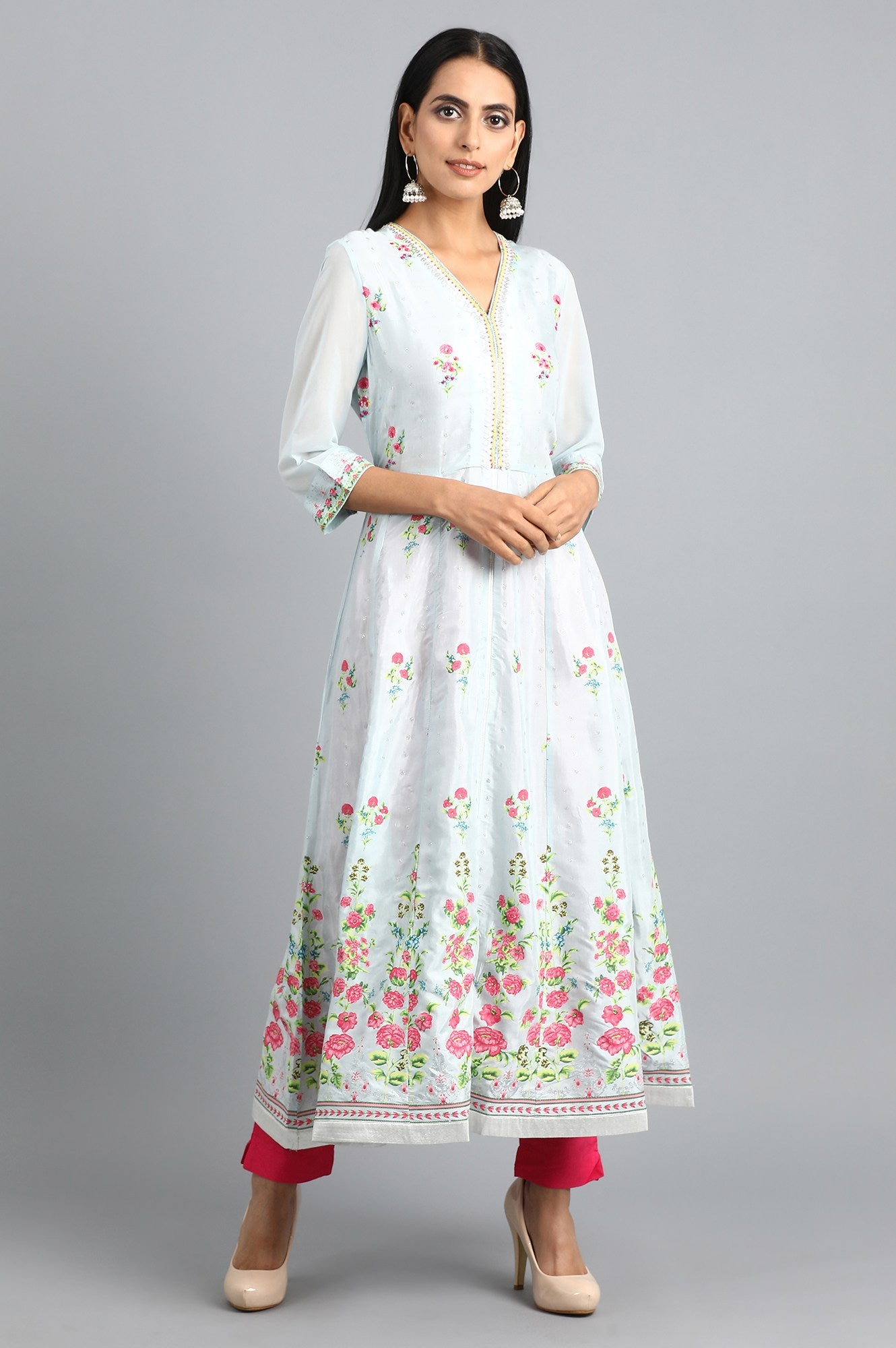 Blue V-Neck Printed kurta