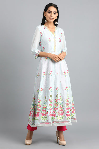 Blue V-Neck Printed kurta