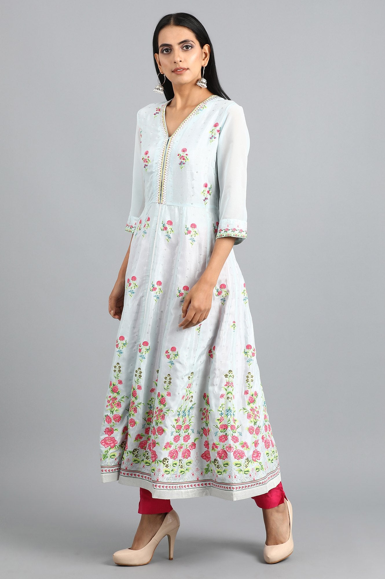 Blue V-Neck Printed kurta