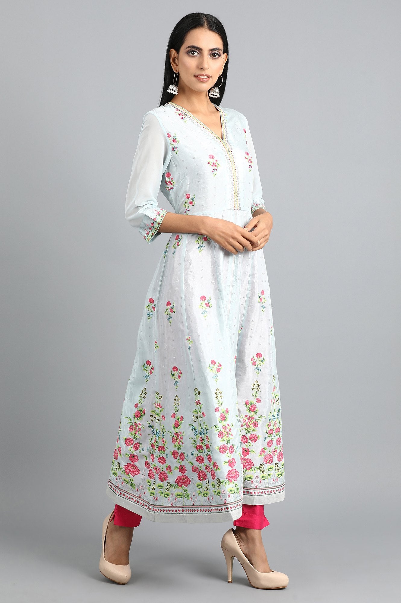 Blue V-Neck Printed kurta
