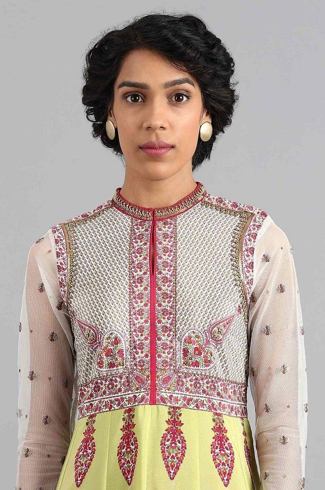 Green Mandarin Neck Printed kurta - wforwoman