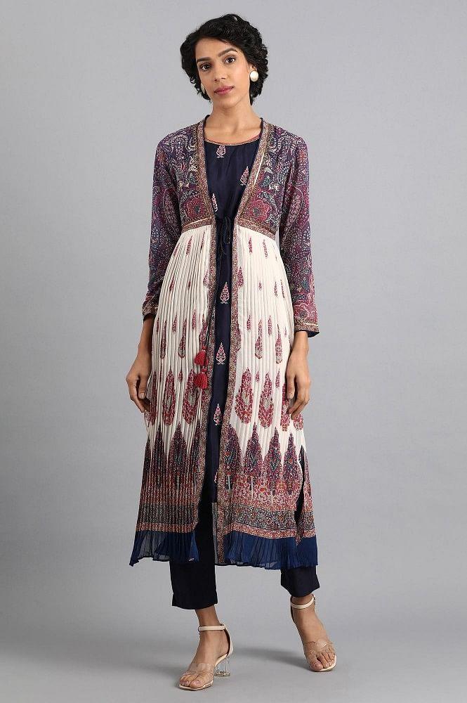 Blue Shawl Neck Printed kurta - wforwoman