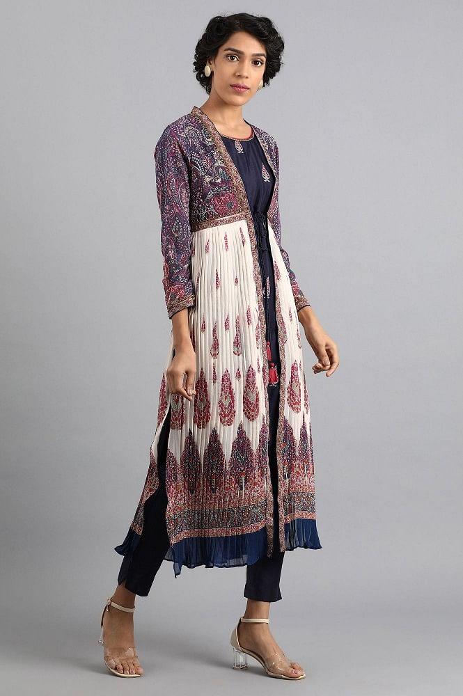 Blue Shawl Neck Printed kurta - wforwoman
