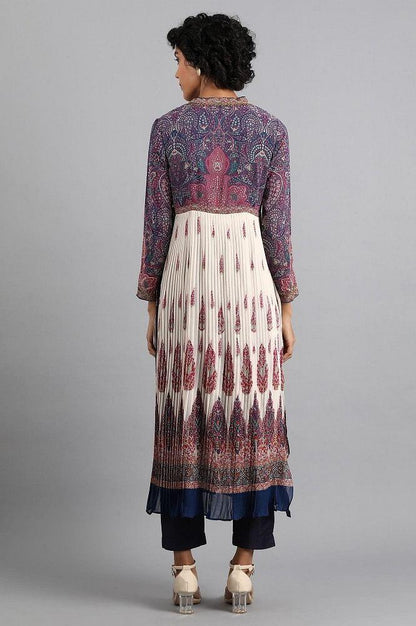 Blue Shawl Neck Printed kurta - wforwoman