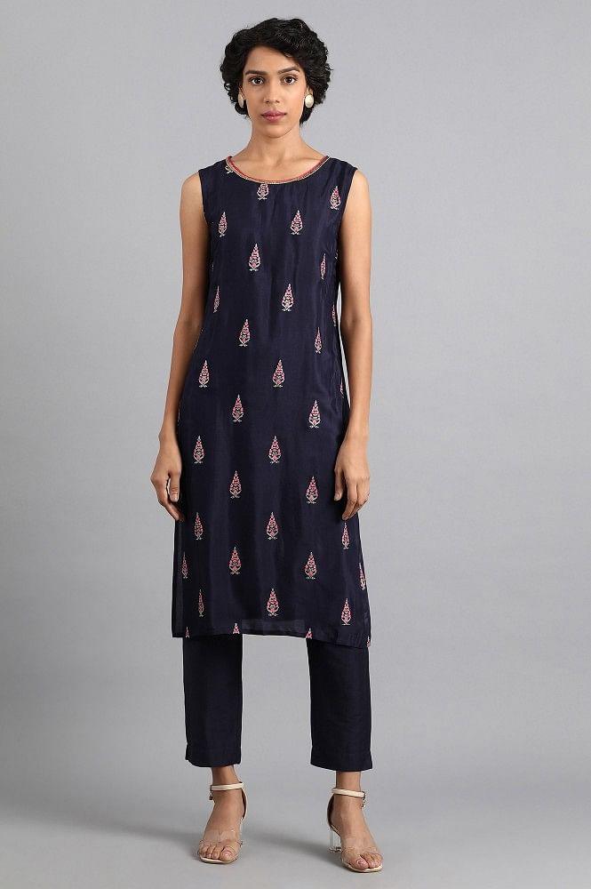 Blue Shawl Neck Printed kurta - wforwoman