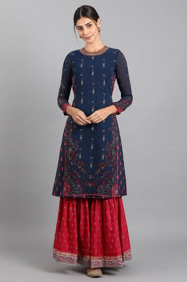 Blue Round Neck Printed kurta