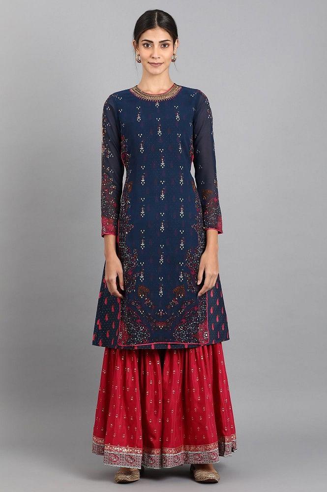 Blue Round Neck Printed kurta - wforwoman