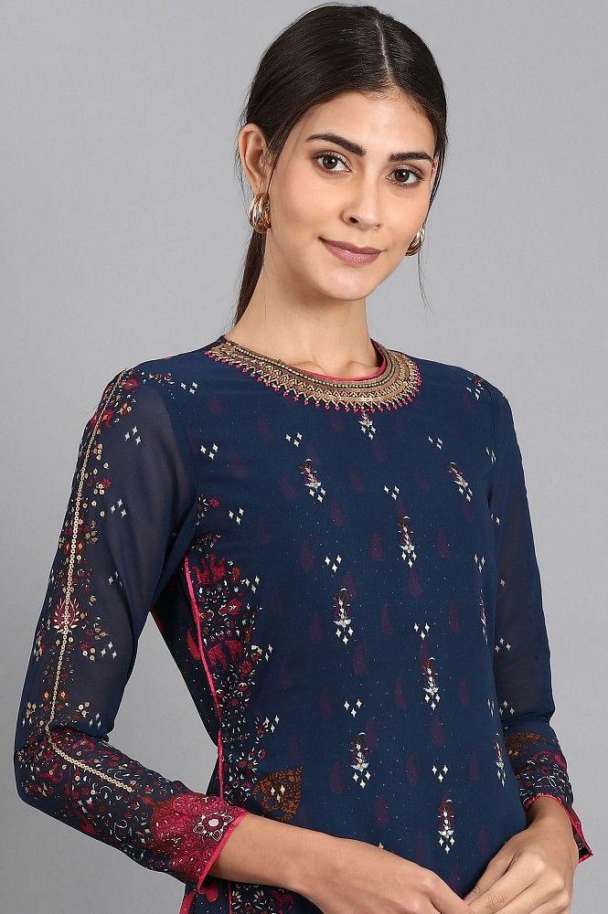Blue Round Neck Printed kurta - wforwoman