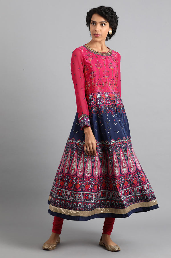 Pink & Blue Round Neck Flared kurta