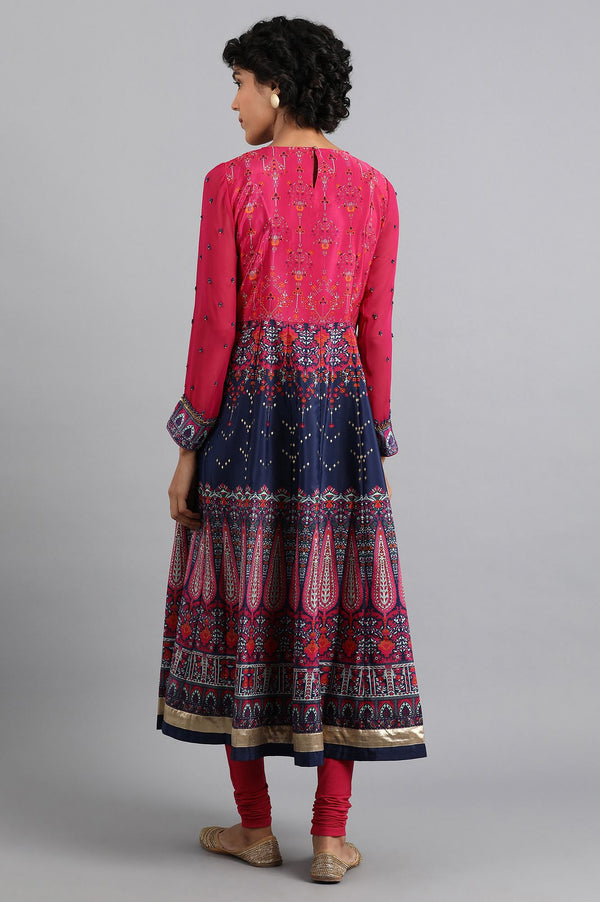 Pink & Blue Round Neck Flared kurta