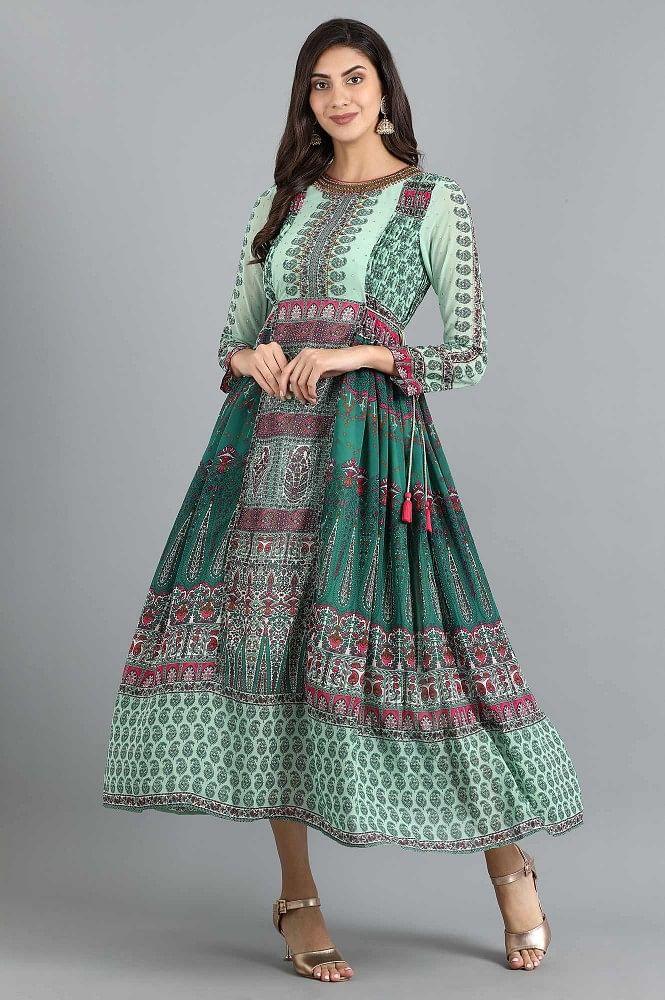 Green Round Neck Printed Flared Dress - wforwoman