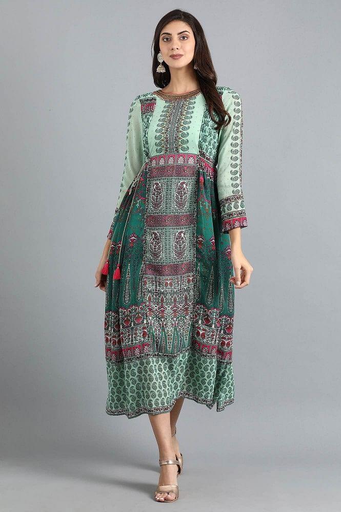 Green Round Neck Printed Flared Dress - wforwoman